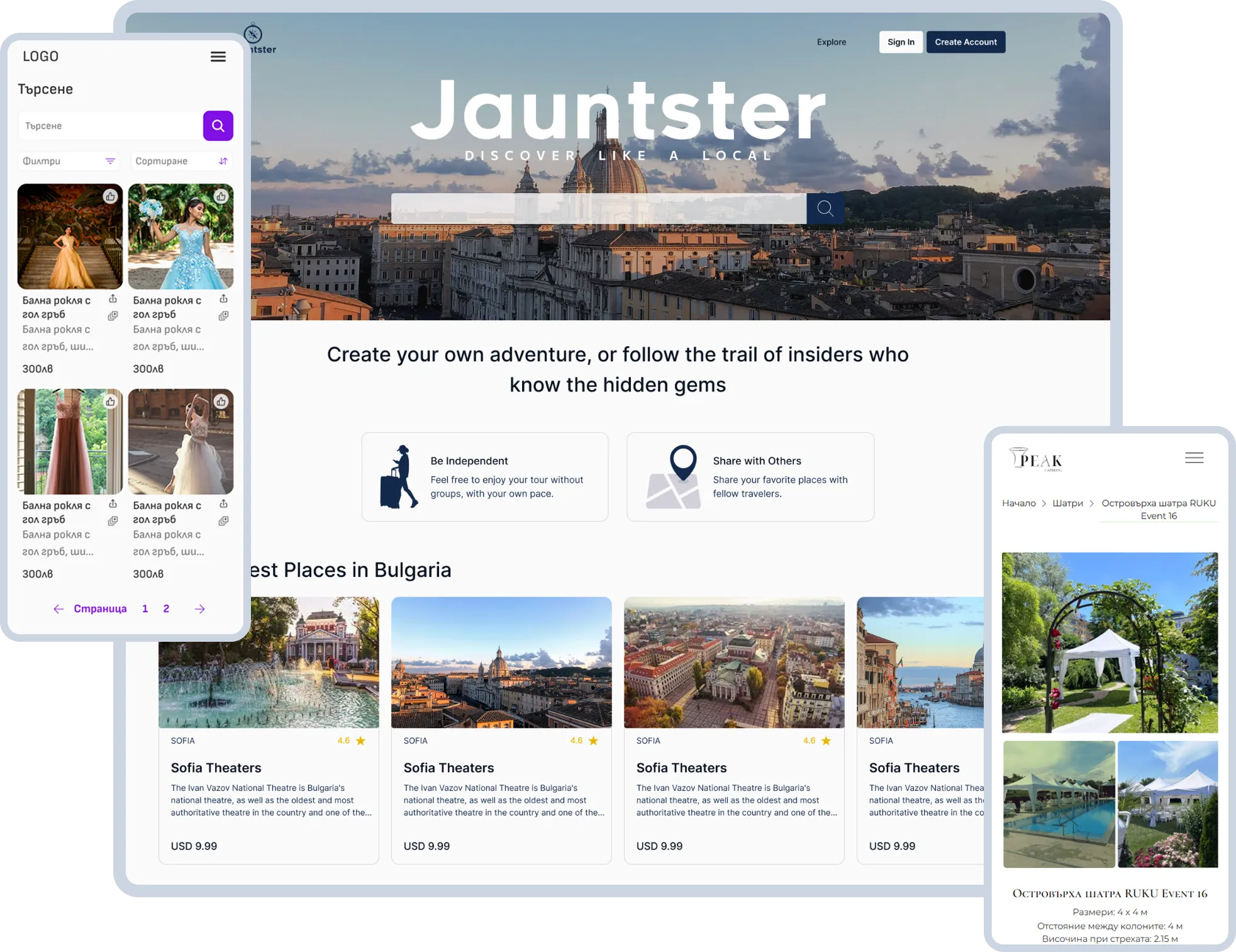 Jauntster self-guided tour website paired with mobile browse and walking screens.