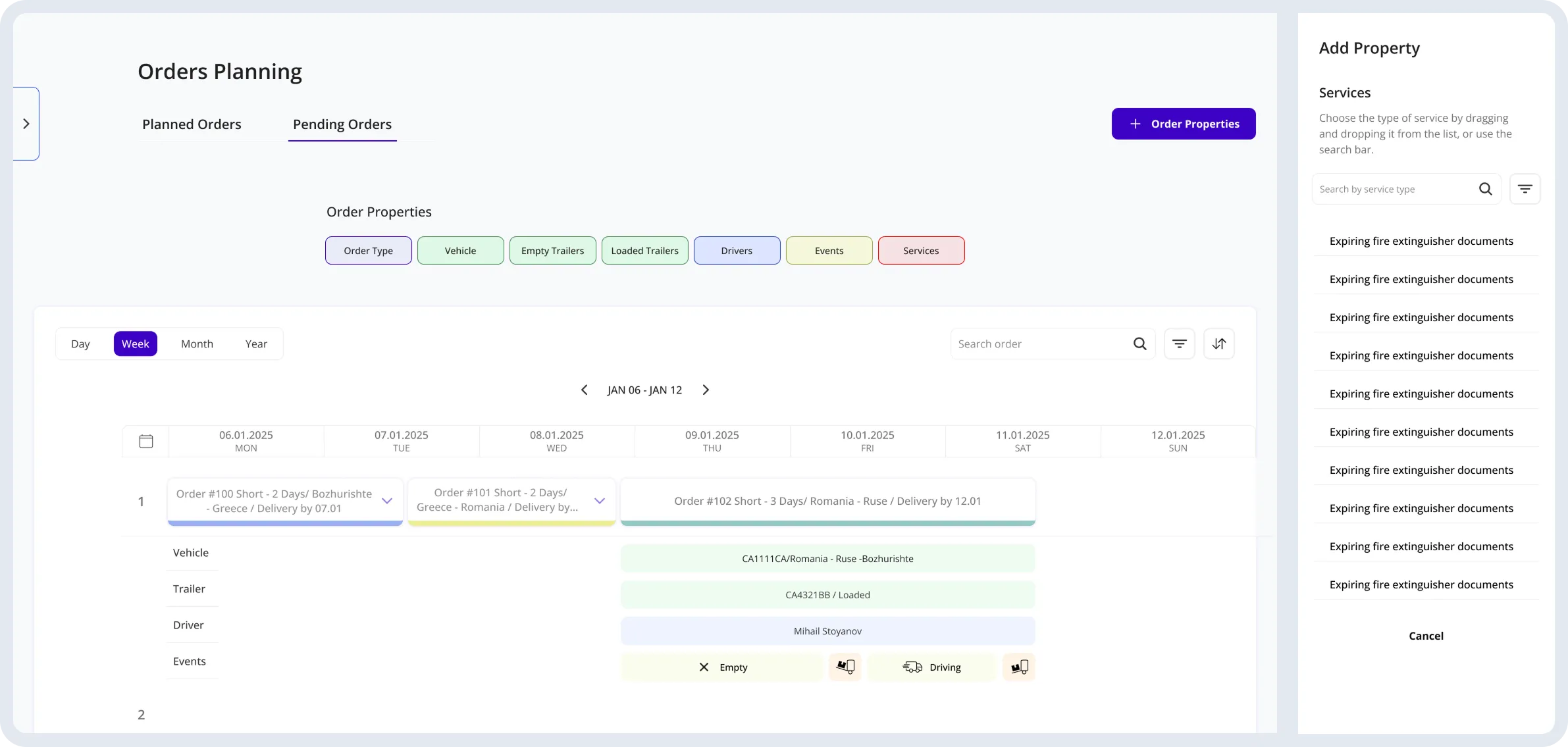 Transport planning interface showing resource assignment and journey scheduling.