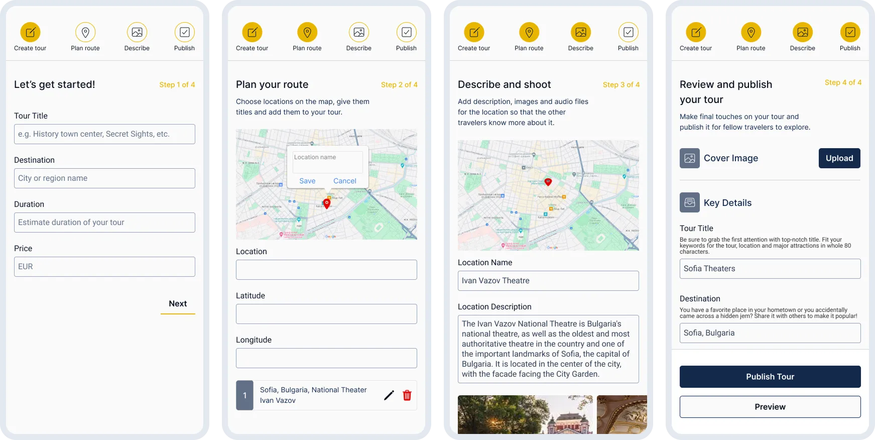 Tour creation wizard for general information, stops, content and pricing.