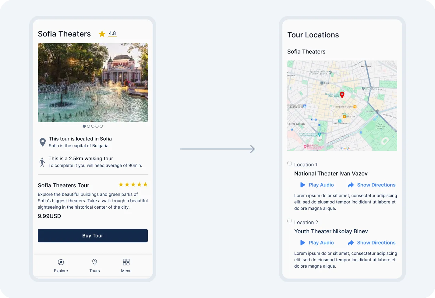Self-guided tour discovery and walking screens with route and stop information.